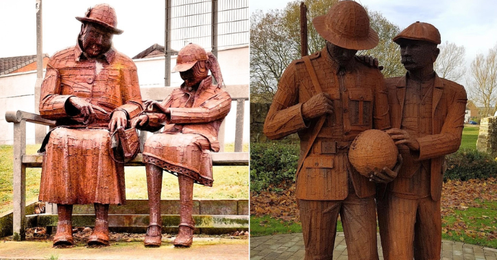 Image of sculptures by Ray Lonsdale 'Relative Treats' and 'The Bradford Boy and the Ball'.